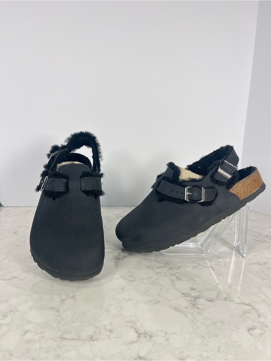 Birkenstock Shoes - Birkenstock Tokio Shearling Clog with Silver Buckle and black oiled leather